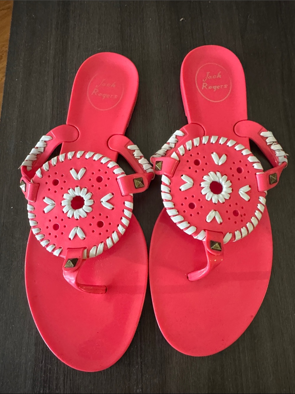 Jack Rogers Coral-Pink Leather Thong Sandals with White Braided Details